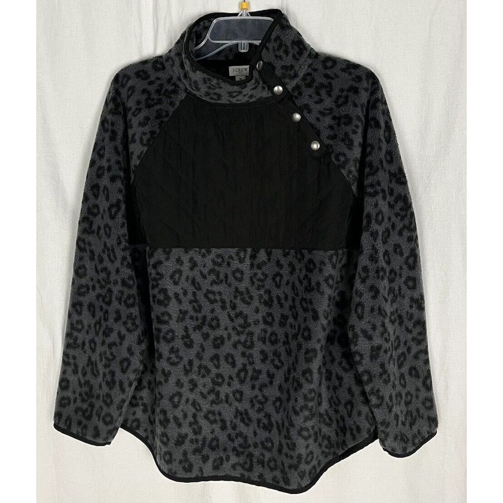 J Crew Size M Black Leopard Fleece Quilted Pullover Sweater